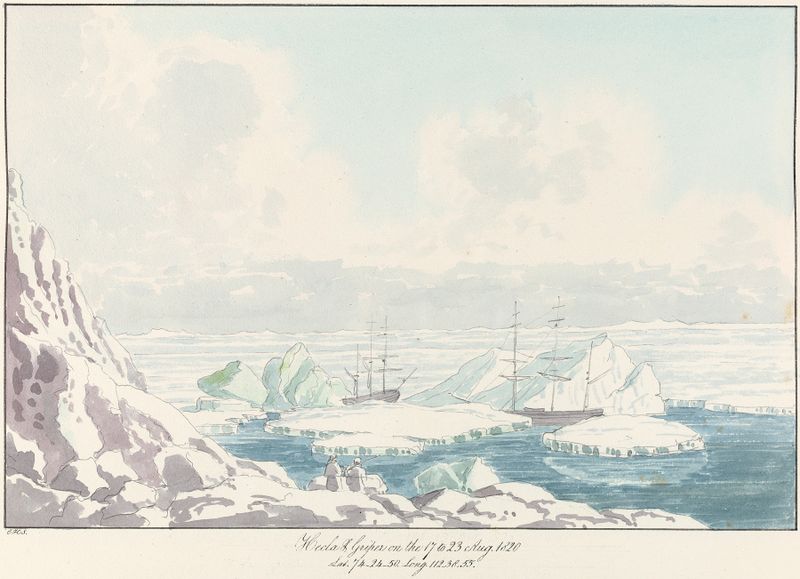 Hecla & Griper, aquarela sobre papel de Charles Hamilton Smith, retratando barcos em água calma.