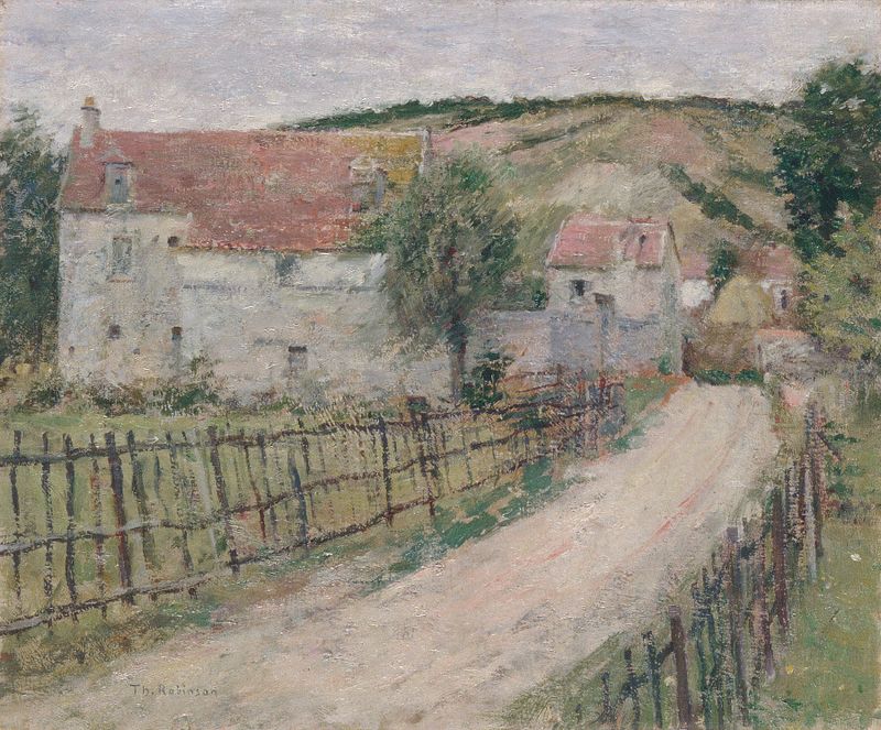 O Velho Moinho de Theodore Robinson, óleo de um moinho desgastado e uma árvore de salgueiro.