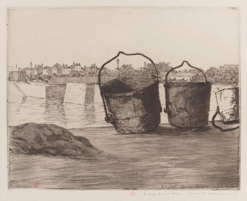 Etching by Henri-Charles Guérard depicting a harbor with boats and water reflections