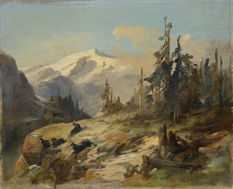 Ciervo chamois en un saliente rocoso en paisaje montañoso, pintura al óleo de Anton Heilmann