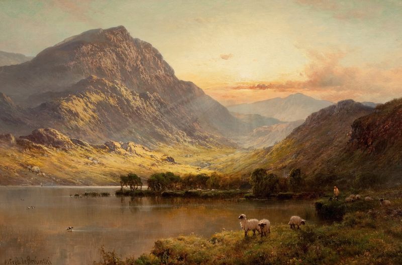 Paisaje con montañas y luz solar de Alfred de Bréanski, pintura al óleo