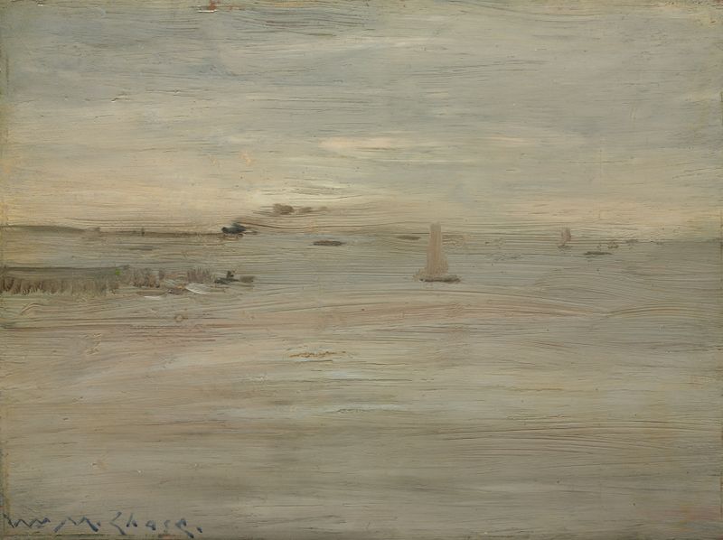 Marine by William Merritt Chase, oil painting depicting a serene seascape with water and sunset.