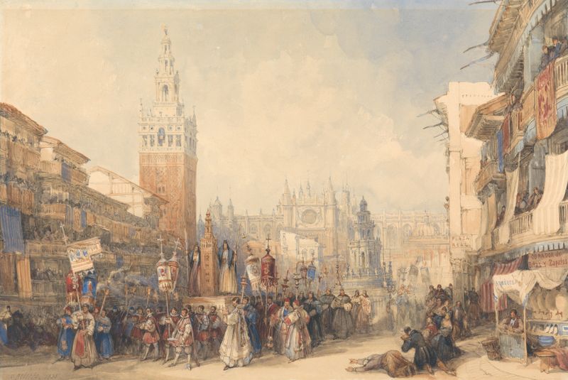 Escena de género que representa una procesión en Plaza Real de David Roberts, óleo