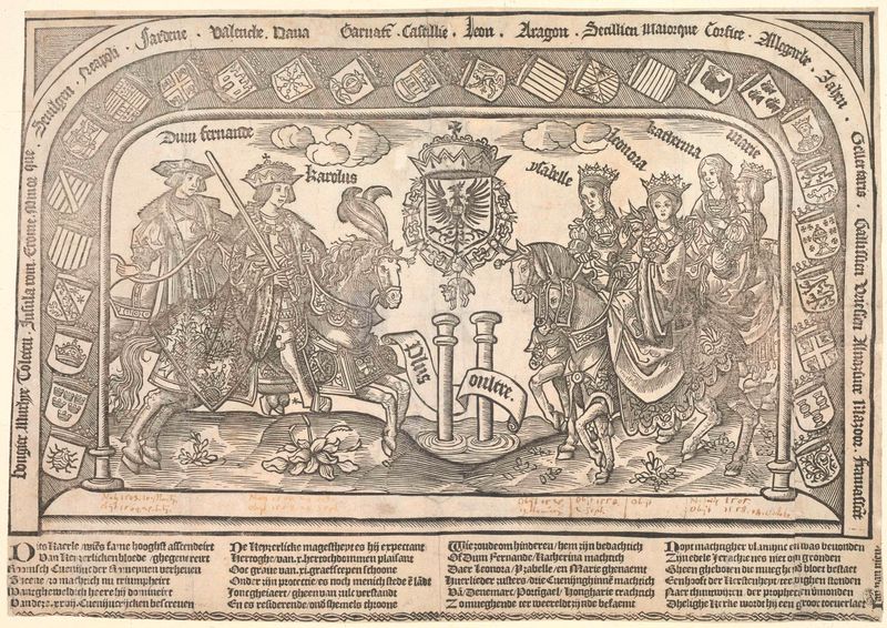 Cena histórica com Karel V e Ferdinand I a cavalo, papel de Jan van Nieu
