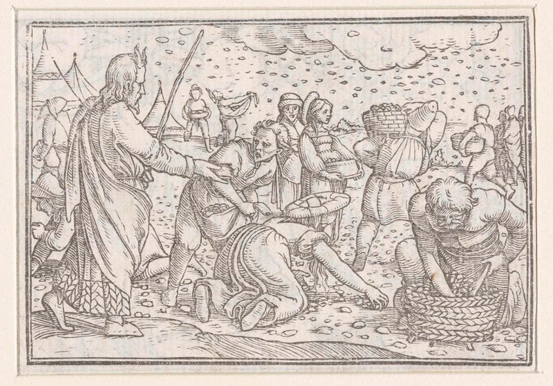 Verzamelen van het manna de Hans Holbein II, obra en papel que muestra figuras recogiendo sustento divino.