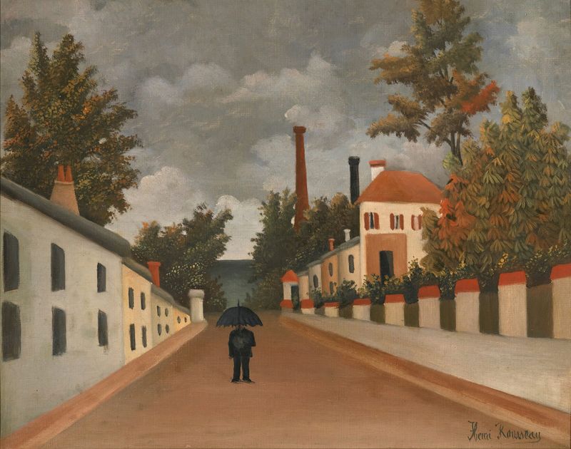 Landscape with golden light over hills and greenery, oil painting by Henri Rousseau