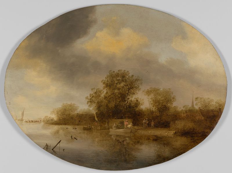 Paisagem com barcos e figuras, óleo sobre painel de Salomon van Ruysdael