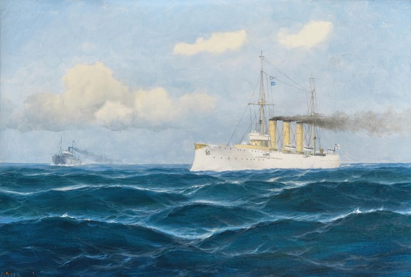 Oil painting by Max Jensen of the cruiser ‘Nürnberg’ signaling a merchant ship.