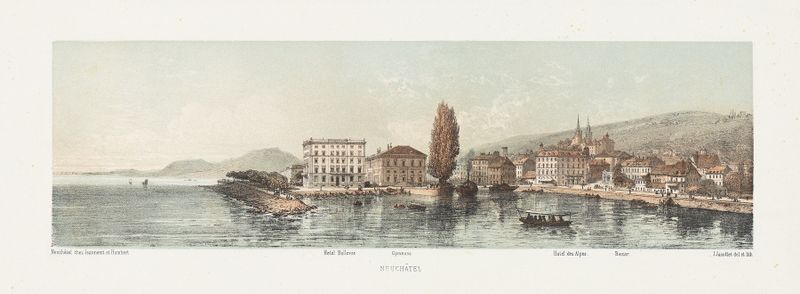 Paisagem de Neuchâtel por Jean Jacottet, pintura a óleo que mostra a luz sobre a água.