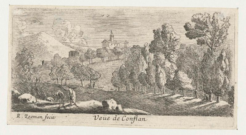 Gravura de Reinier Nooms retratando a vila de Conflans com um rio e luz dourada.