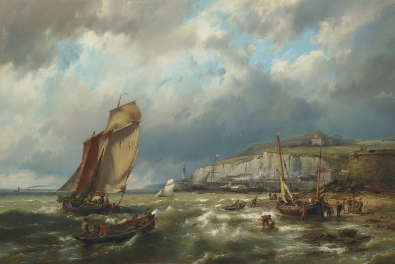 Marine scene with sailing vessels and sunlight on water by Hermanus Koekkoek the Younger, oil painting