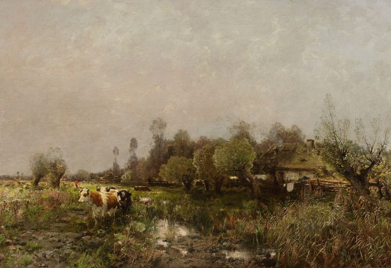 Summer landscape with a cottage on marshland by Roman Kazimierz Kochanowski, oil painting