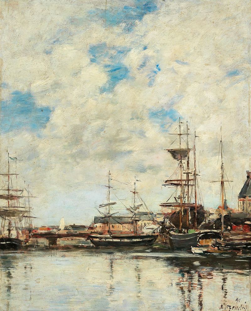 Escena marina con barcos y velas de Eugène Boudin, pintura al óleo