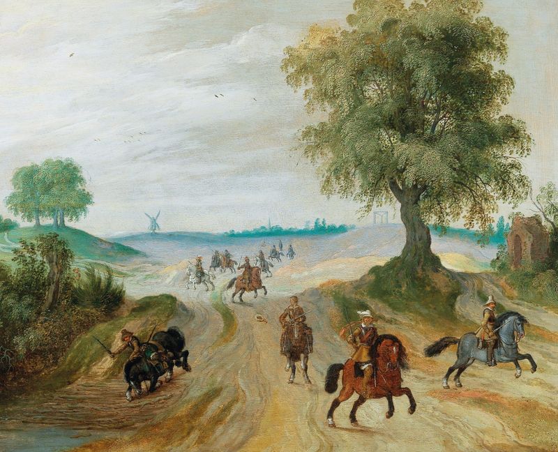 Historical scene with soldiers on horseback in a landscape, oil painting by Sebastian Vrancx
