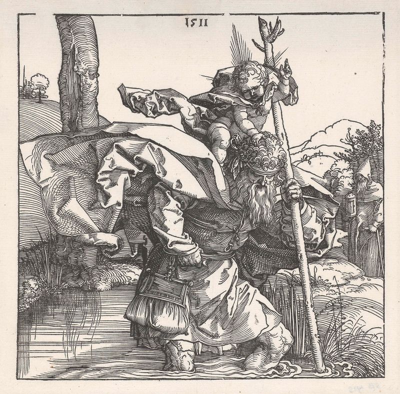 Grabado del Renacimiento del Norte de Albrecht Dürer que representa a San Cristóbal llevando al niño Cristo