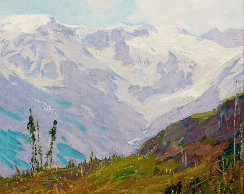 Paisaje de Canadian Rockies de Edward Henry Potthast, pintura al óleo que muestra montañas y un cielo colorido.