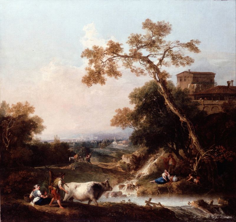 Landscape by Francesco Zuccarelli, oil on canvas depicting rolling hills and an azure sky