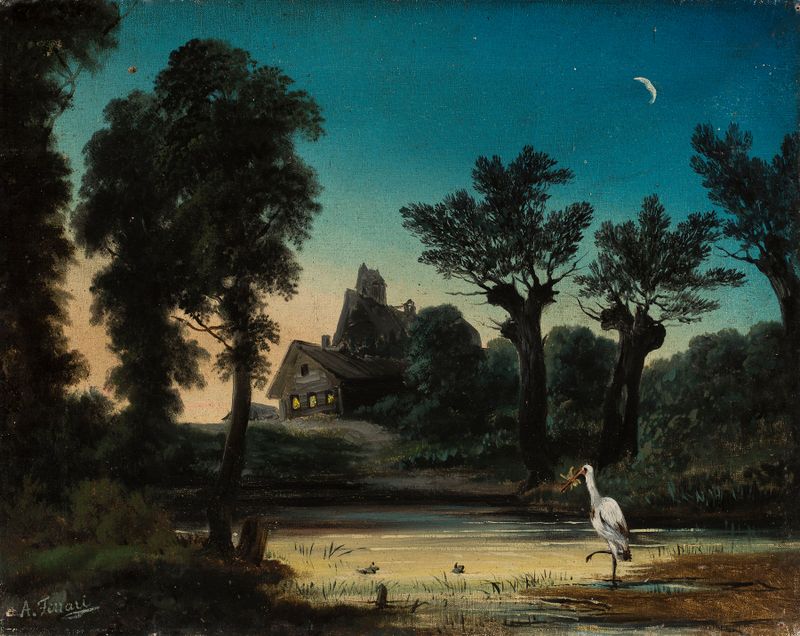 Paisaje con una cigüeña de A. Ferrari, óleo sobre lienzo que muestra una cigüeña junto al agua.
