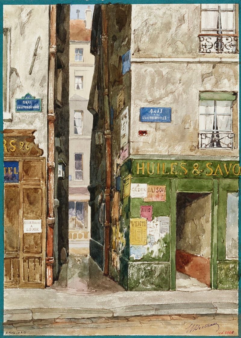 La rue du Paon blanc by Henri Berthaut, Impressionism, depicting a lively street scene with a café.