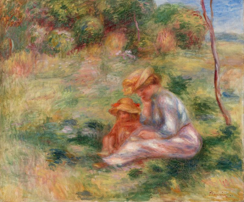 Mujer y niño en la hierba, óleo sobre lienzo de Pierre-Auguste Renoir