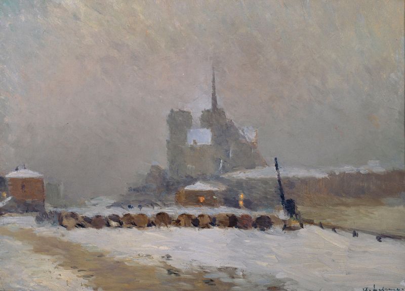 Notre-Dame de Paris. Effet de neige, le soir by Albert Lebourg, oil painting depicting gothic architecture in snow.