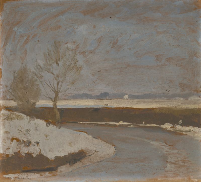 Paisaje invernal con un río, óleo sobre lienzo de Karol Pongrácz