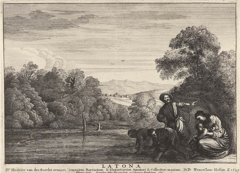 Latona de Wenceslaus Hollar, grabado de una diosa en túnicas fluidas en un paisaje.