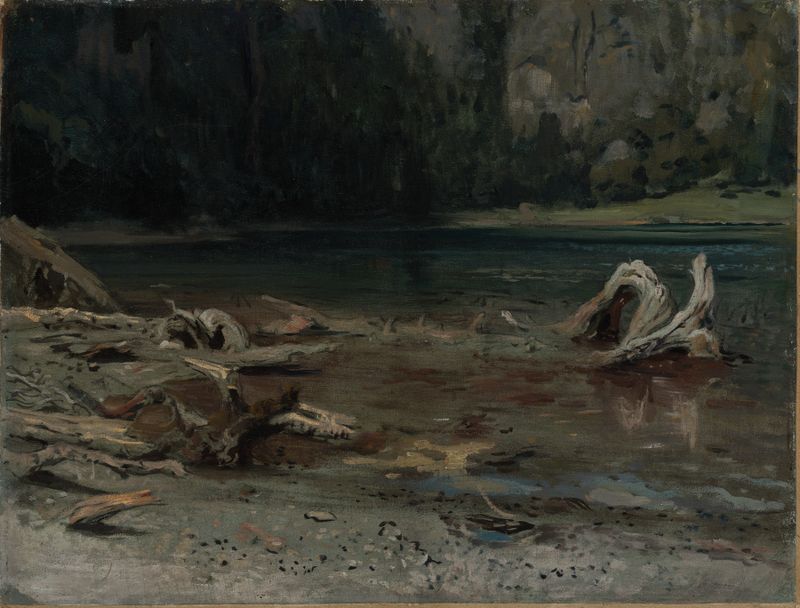 Paisaje de Der Feldsee de Emil Lugo, pintura al óleo que muestra un lago tranquilo y montañas.