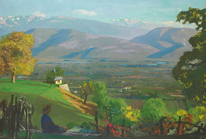 Paisaje de Gresivaudan de Jules Leon Flandrin, óleo sobre lienzo que representa colinas y nubes.