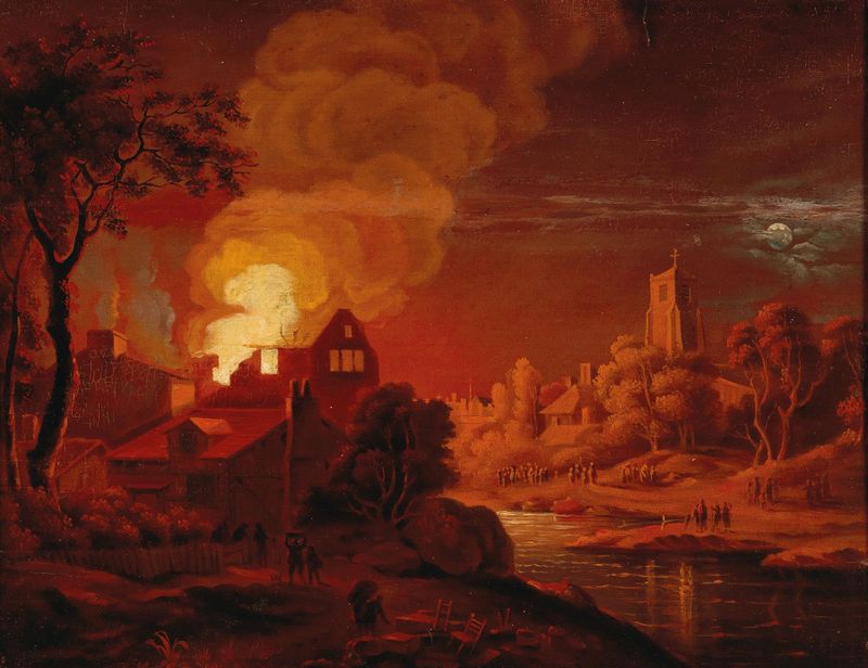Nocturnal fire scene with figures illuminated by flames, oil on canvas by Egbert van der Poel.
