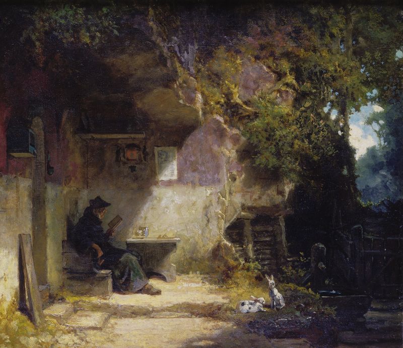 O Eremita diante de Seu Refúgio, óleo sobre tela de Carl Spitzweg, com uma figura solitária em uma paisagem serena.