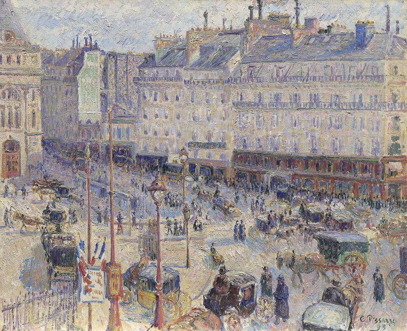 A Place du Havre, Paris de Camille Pissarro, pintura a óleo de uma cena de rua movimentada.