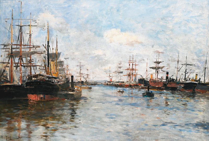 Bateaux en Rade by Edmond-Marie Petitjean, oil on canvas depicting boats on calm water