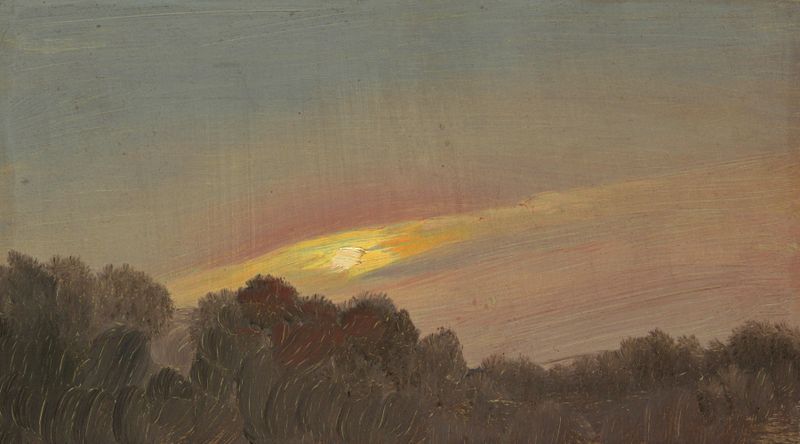 Sunset de Frederic Edwin Church, óleo sobre lienzo, que representa un vibrante atardecer sobre el horizonte.