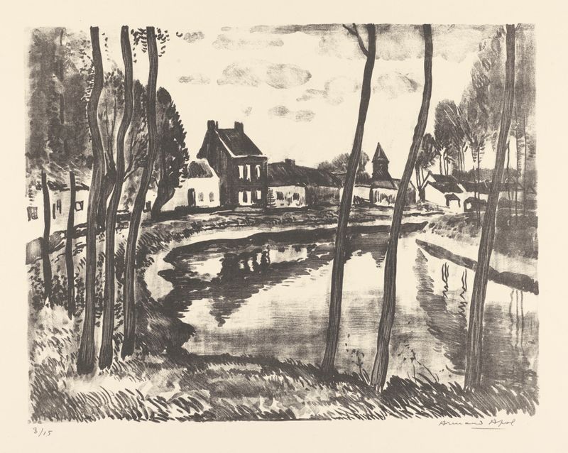 Canal et village by Armand Apol, Impressionism, depicting a serene canal and village landscape.