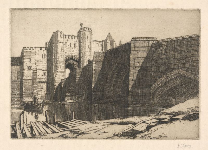 Etching by Frederick Landseer Maur Griggs depicting a solitary figure by a cresset lamp.