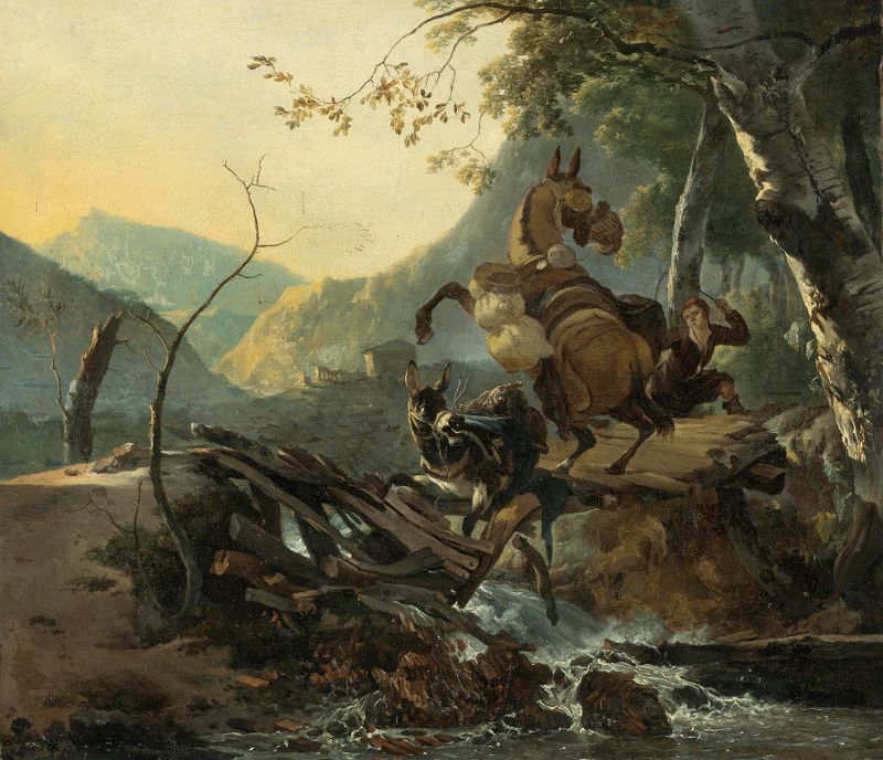 Paisagem italiana com um burro e um cavalo empinado atravessando uma ponte em colapso, Adam Pynacker, pintura a óleo