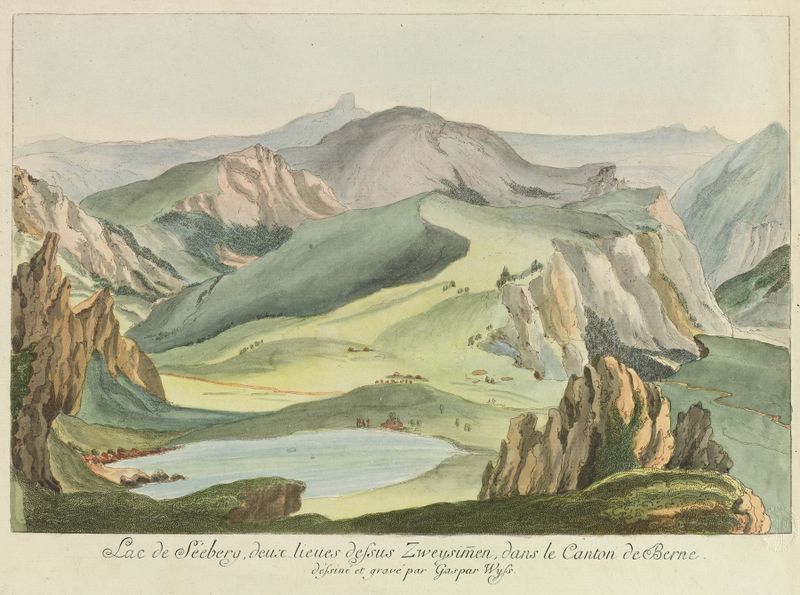 Lac de Séeberg oil painting by Caspar Leontius Wyss depicting a tranquil lake with reflections and mountains.