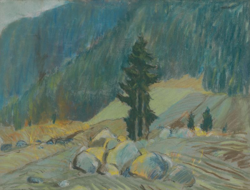 Mountain Brook between Boulders de Zolo Palugyay, pintura a óleo que retrata um riacho entre rochas