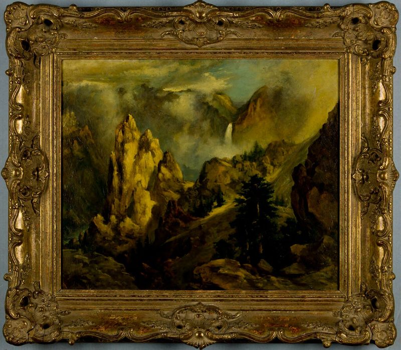 Paisaje de The Yellowstone, óleo sobre panel de un artista no identificado