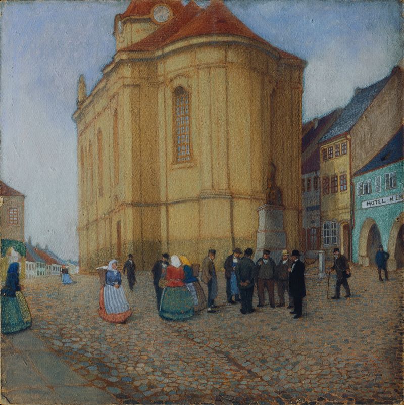 Architecture of Kirche in Auscha by Emil Orlik, 1901, depicting a church under a stormy sky