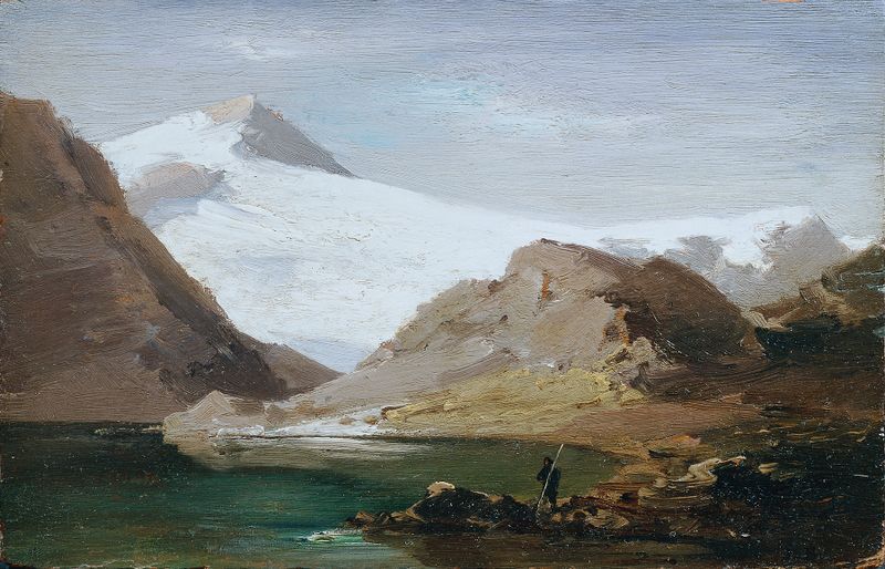 Der Madatschgletscher by Joseph Brunner, oil painting depicting a glacier and rocky mountains.
