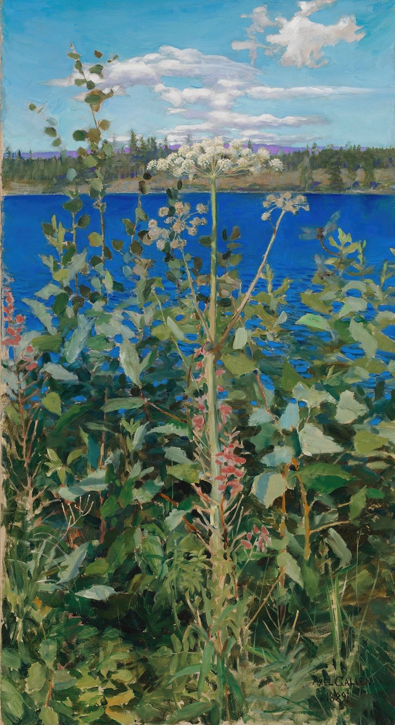 Obra figurativa de Akseli Gallen-Kallela, Wild Angelica, que muestra una figura en prendas fluidas, pintura al óleo.