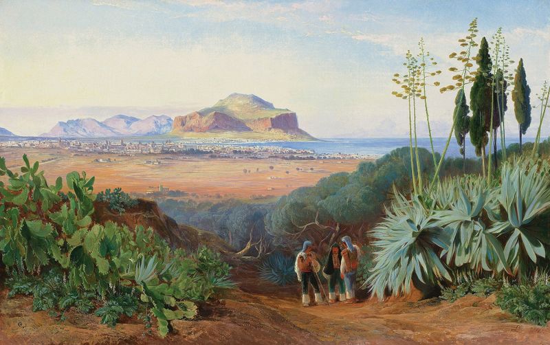 Acuarela de Edward Lear que representa Palermo, Sicilia, con Monte Pellegrino