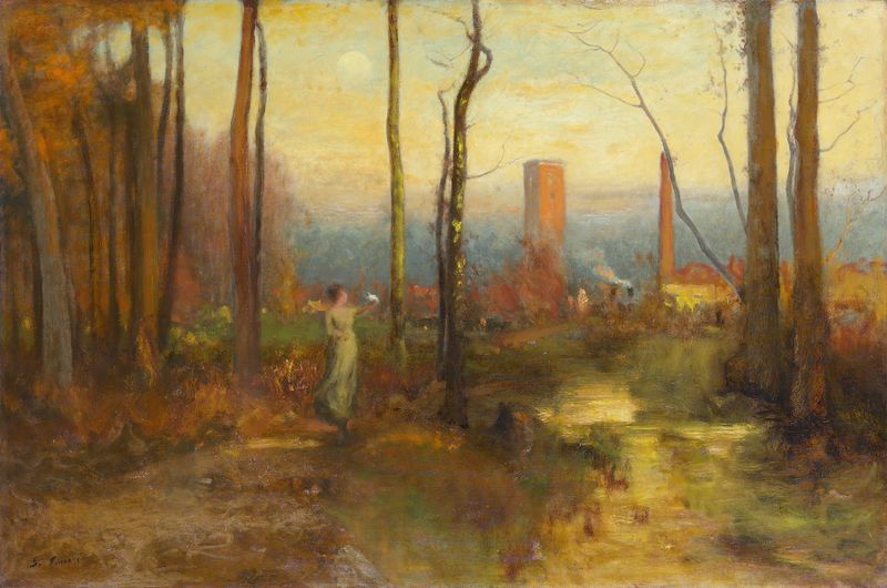 Oil painting by George Inness depicting a tranquil stream with lush foliage