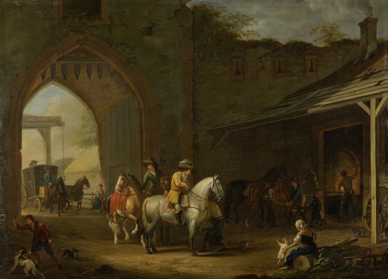 Horsemen at the Blacksmith’s by Johann Georg Pforr, oil painting depicting weary horsemen in a dark setting.