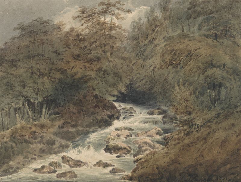 A Mountain Stream de François Louis Thomas Francia, óleo sobre tela retratando um riacho tranquilo e folhagem exuberante.