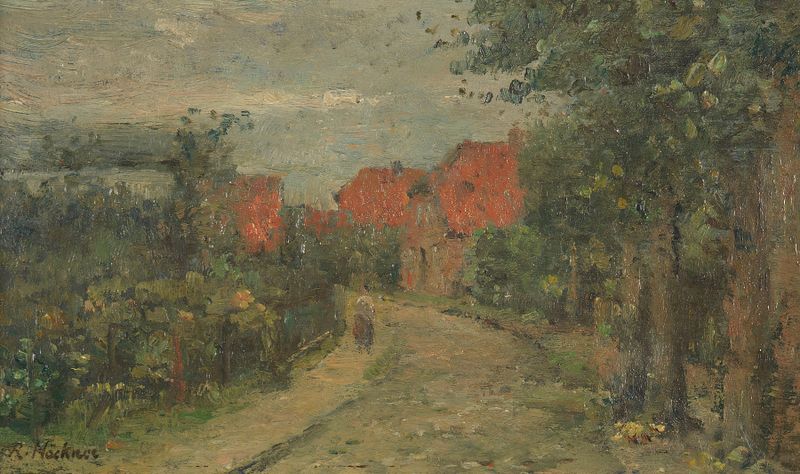 Dorfstraße by Rudolf Höckner, oil on canvas, depicts a quiet street with muted earth tones.
