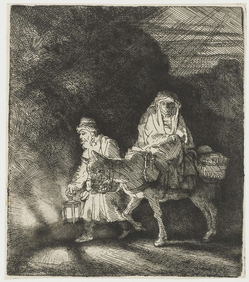 Grabado de Rembrandt van Rijn de La Huida a Egipto con figuras iluminadas en la oscuridad.