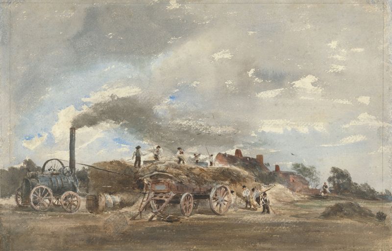 Threshing Corn de Peter DeWint, pintura al óleo que muestra trabajadores cosechando maíz